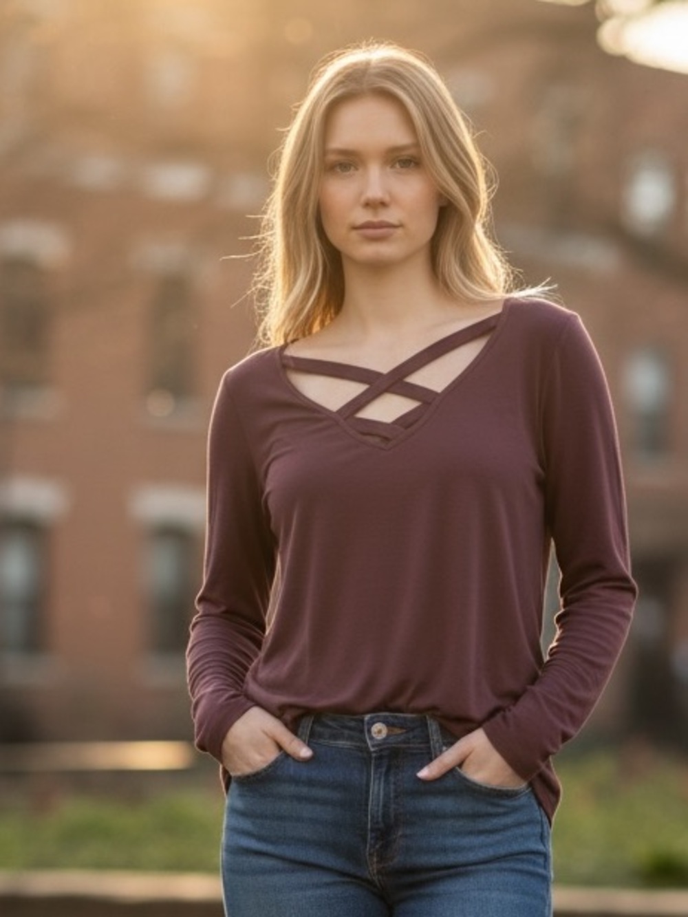 American Eagle Outfitters Long Sleeve Crisscross V-Neck Top - Plum